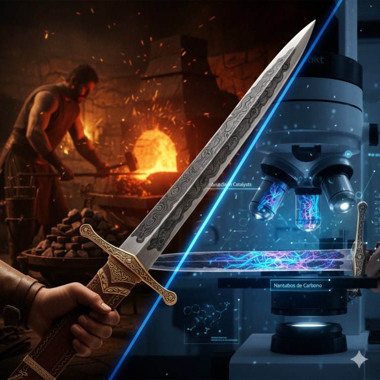 Primer plano de una espada de acero de Damasco mostrando los patrones ondulados característicos en la hoja, similares al movimiento del agua, que revelan su estructura de nanotubos de carbono.