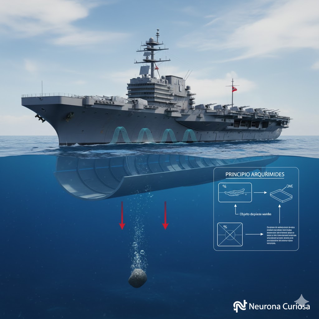 Representación visual de un objeto suspendido en el agua mostrando las fuerzas de empuje y gravedad, ilustrando el Principio de Arquímedes y el concepto científico de flotabilidad.
