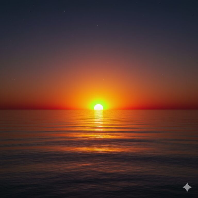 Fotografía de un atardecer en el mar con el fenómeno óptico del rayo verde en la cima del sol.