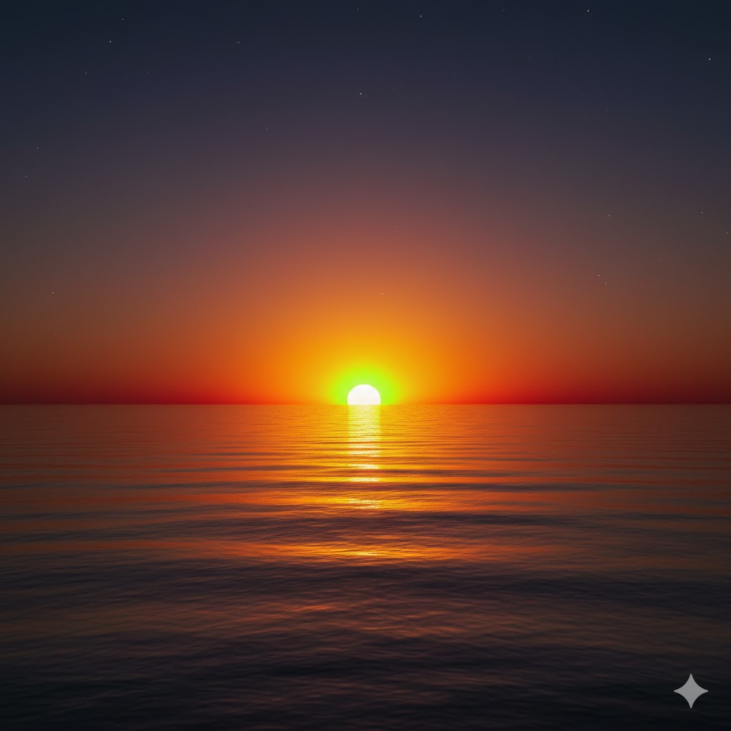 Fotografía de un atardecer en el mar con el fenómeno óptico del rayo verde en la cima del sol.