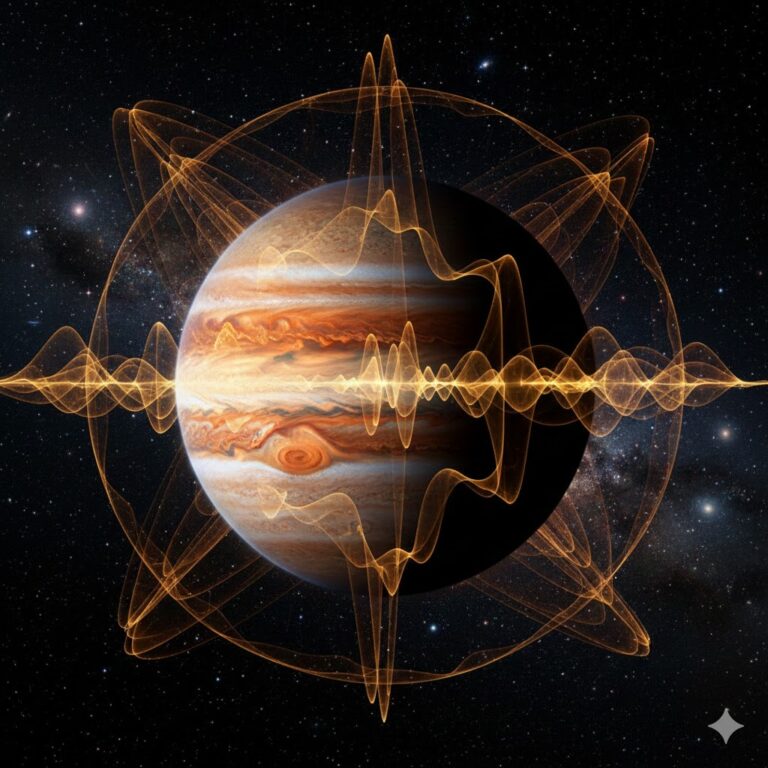Representación artística del planeta Júpiter rodeado de ondas sonoras doradas y frecuencias electromagnéticas en el espacio profundo.