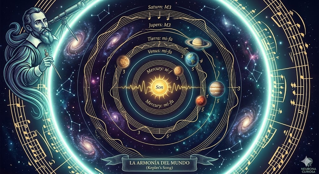 Ilustración artística de Johannes Kepler rodeado de órbitas planetarias que se transforman en una partitura musical dorada, con nebulosas y estrellas de fondo, estilo Neurona Curiosa.