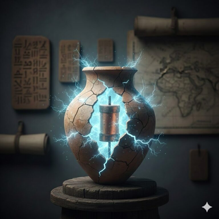 Representación de la Batería de Bagdad, una vasija de arcilla rota con un cilindro de cobre y una varilla de hierro, emitiendo chispas eléctricas, en un contexto arqueológico.