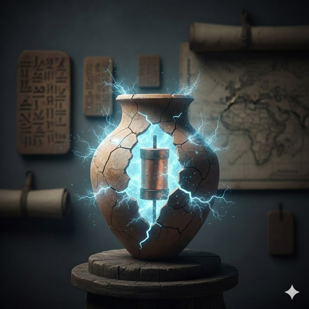 Representación de la Batería de Bagdad, una vasija de arcilla rota con un cilindro de cobre y una varilla de hierro, emitiendo chispas eléctricas, en un contexto arqueológico.