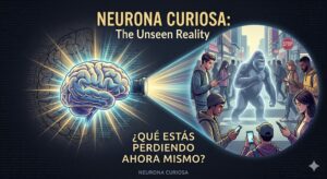 Una ilustración conceptual para el blog Neurona Curiosa muestra un cerebro humano estilizado funcionando como un proyector de atención selectiva. El haz de luz revela a un gran gorila fantasma caminando por una calle de la ciudad que está llena de gente distraída mirando sus teléfonos móviles. El gorila está ausente de la visión de la multitud. La imagen incluye texto que dice: NEURONA CURIOSA: La Realidad Invisible, y en la parte inferior: "¿Qué estás perdiendo ahora mismo?" en español.