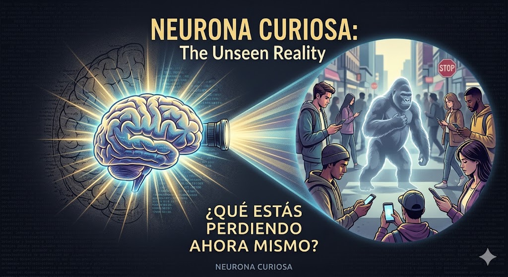 Una ilustración conceptual para el blog Neurona Curiosa muestra un cerebro humano estilizado funcionando como un proyector de atención selectiva. El haz de luz revela a un gran gorila fantasma caminando por una calle de la ciudad que está llena de gente distraída mirando sus teléfonos móviles. El gorila está ausente de la visión de la multitud. La imagen incluye texto que dice: NEURONA CURIOSA: La Realidad Invisible, y en la parte inferior: "¿Qué estás perdiendo ahora mismo?" en español.