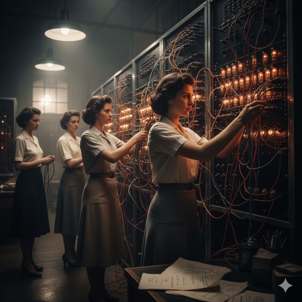 Composición visual con tres mujeres programadoras trabajando con los paneles de cables y luces de la computadora ENIAC.