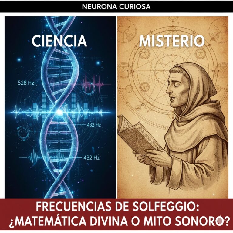 Composición visual dividida en dos partes: a la izquierda, una cadena de ADN azul con ondas sonoras y etiquetas de 528 Hz y 432 Hz bajo el título "CIENCIA"; a la derecha, un monje medieval leyendo un libro antiguo bajo el título "MISTERIO".