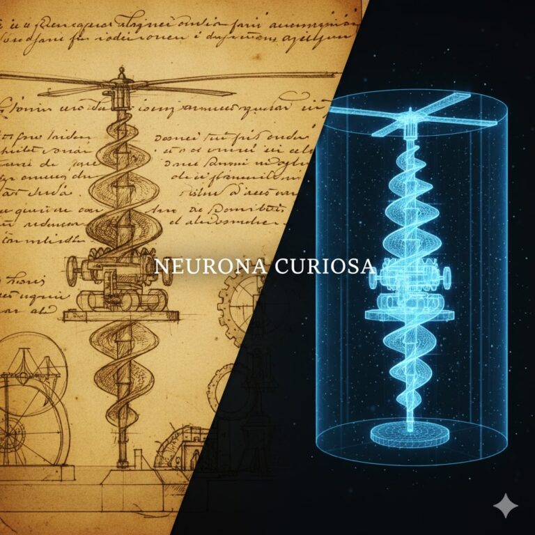 Imagen conceptual dividida diagonalmente: a la izquierda, un boceto original en pergamino antiguo del tornillo aéreo de Leonardo da Vinci; a la derecha, una recreación moderna en holograma 3D azul brillante del mismo invento. El texto "NEURONA CURIOSA" aparece en el centro.