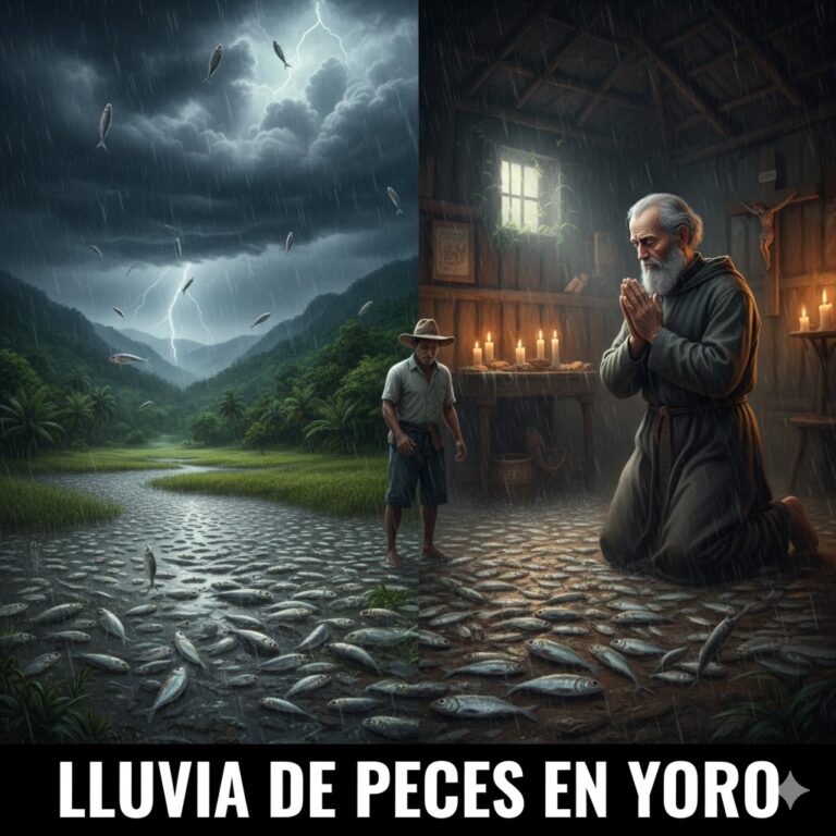 Imagen dividida: a la izquierda una tormenta con peces cayendo sobre un valle tropical; a la derecha, el Padre Subirana rezando mientras el suelo se llena de peces plateados.