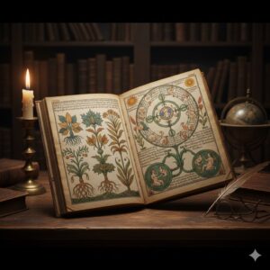 Página del Manuscrito Voynich mostrando ilustraciones botánicas de plantas desconocidas, diagramas astronómicos y párrafos escritos en un alfabeto indescifrable y misterioso.