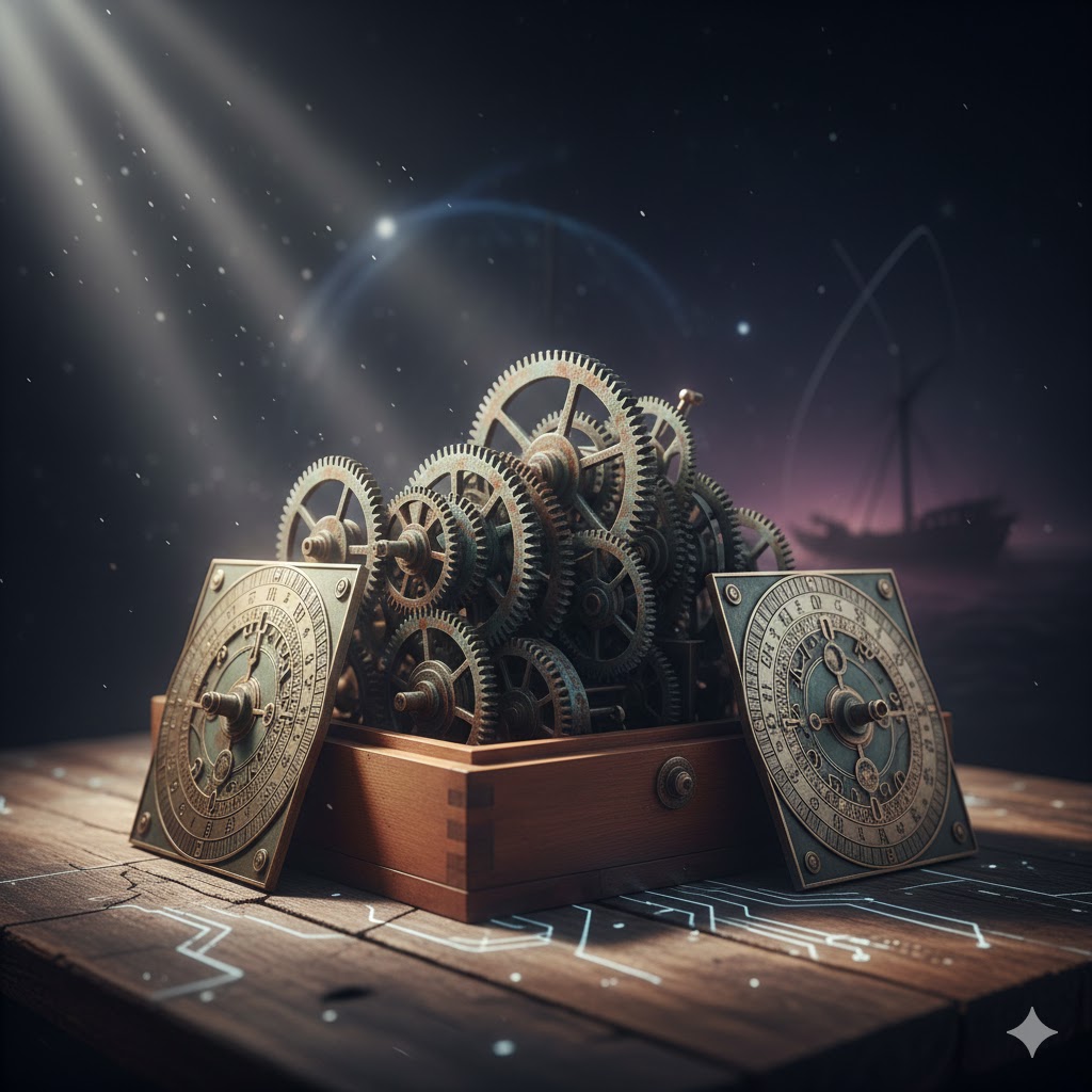 Reconstrucción artística del Mecanismo de Anticitera con sus engranajes de bronce sobre una mesa de madera.