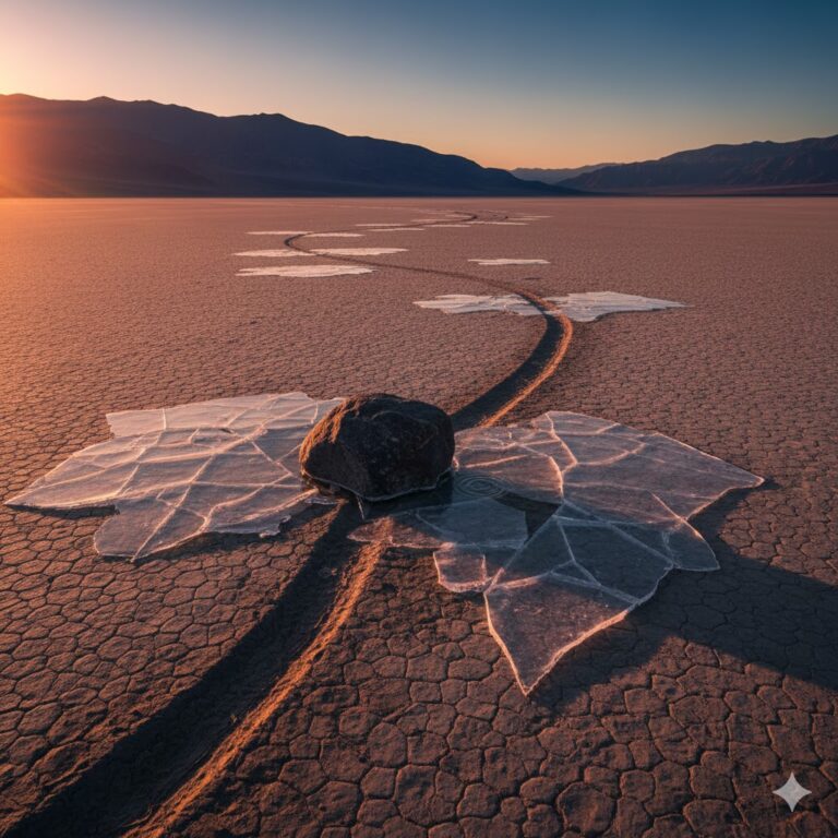 Roca en Racetrack Playa rodeada de placas de hielo fino dejando un rastro en el barro seco del Valle de la Muerte.
