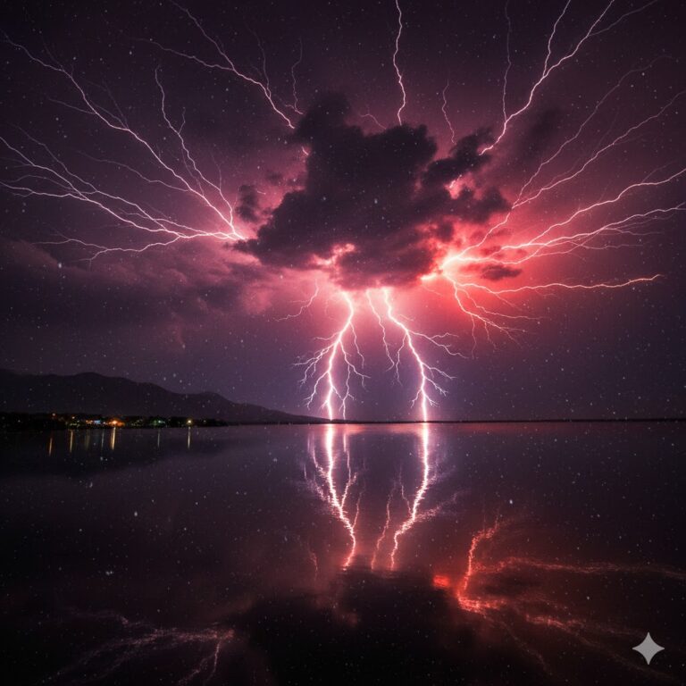 Espectacular fotografía nocturna de múltiples rayos simultáneos sobre el río Catatumbo en el Lago de Maracaibo, Venezuela." Extracto: "1.6 millones de rayos al año: Descubre el fenómeno natural que convierte la noche en día en el corazón de Venezuela.