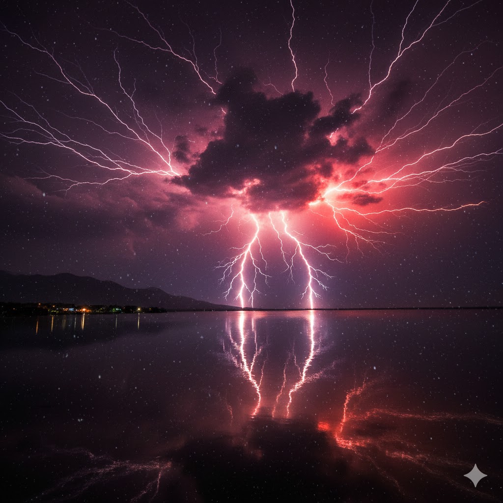 Espectacular fotografía nocturna de múltiples rayos simultáneos sobre el río Catatumbo en el Lago de Maracaibo, Venezuela." Extracto: "1.6 millones de rayos al año: Descubre el fenómeno natural que convierte la noche en día en el corazón de Venezuela.