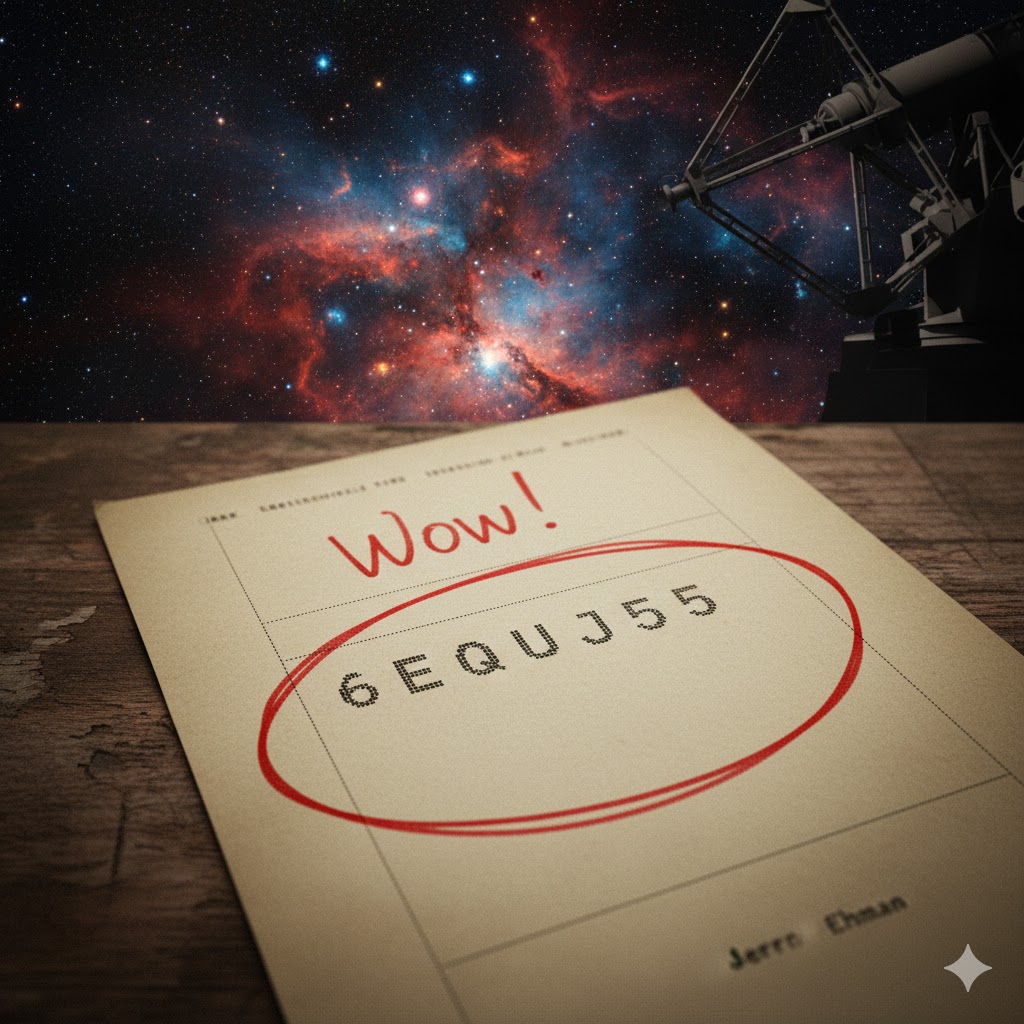 Primer plano del registro original de la señal Wow! con el círculo rojo y la anotación manuscrita del astrónomo Jerry Ehman sobre un fondo galáctico.