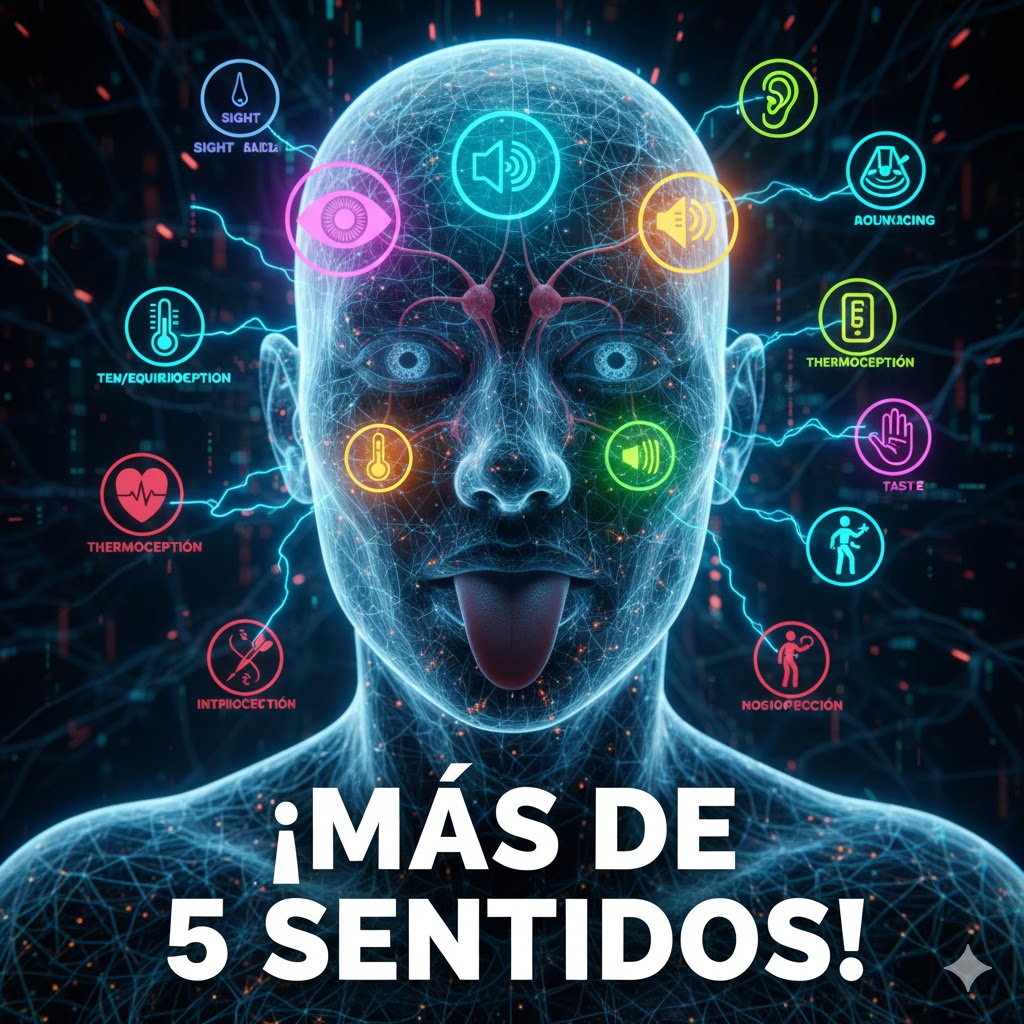 Infografía digital de una silueta humana rodeada de iconos coloridos que representan diferentes sentidos como la vista, el oído, la termocepción y la nocicepción, con el texto "¡MÁS DE 5 SENTIDOS!".