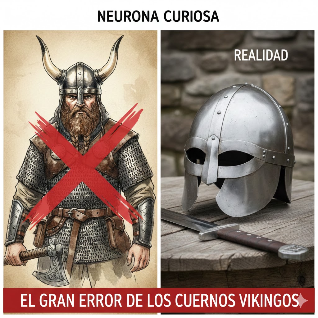 Comparativa entre el mito de un guerrero vikingo con casco de cuernos tachado con una X roja y la realidad de un casco de hierro auténtico con protector ocular sobre una mesa de madera.