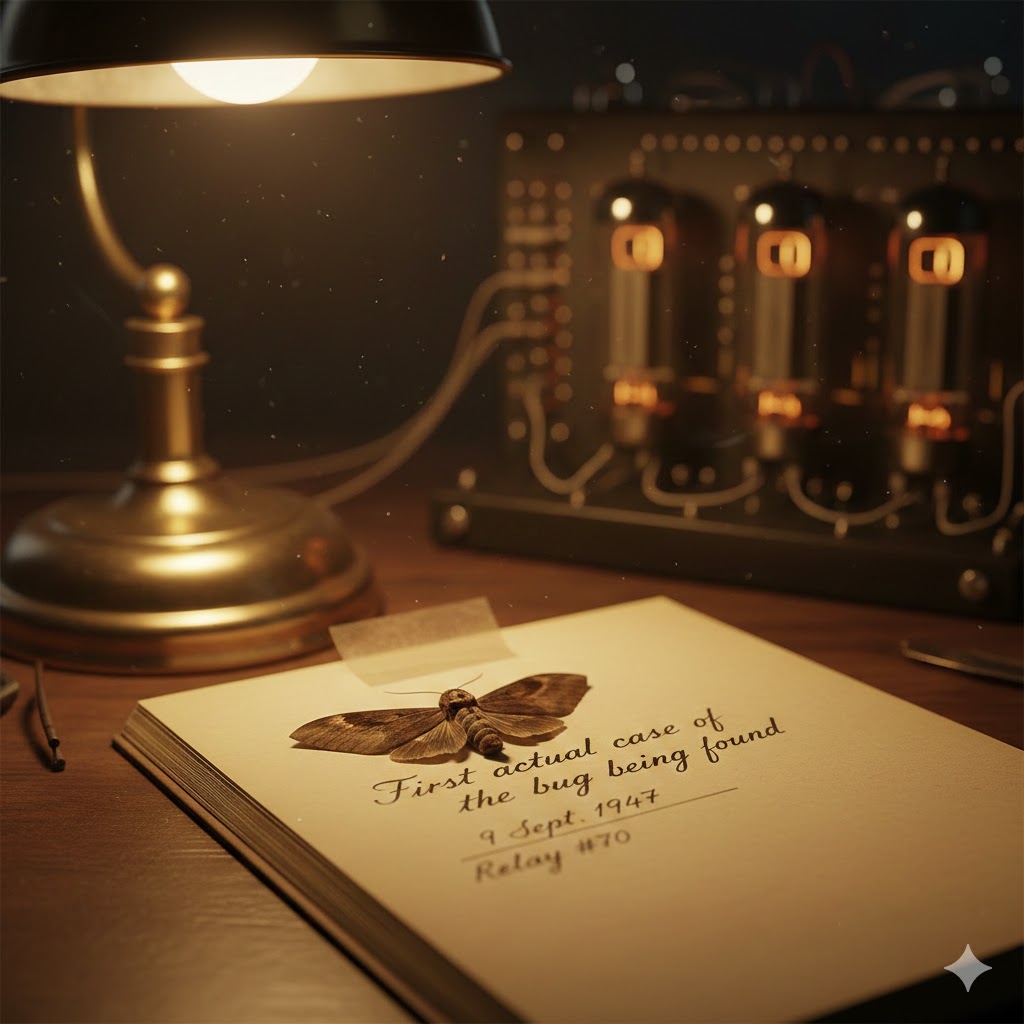 Recreación histórica del diario de Grace Hopper con la primera polilla real encontrada en un relé de la computadora Mark II en 1947, origen del término bug informático.
