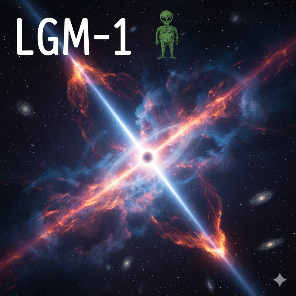 Ilustración de una estrella de neutrones giratoria emitiendo potentes haces de luz desde sus polos magnéticos en medio del espacio profundo.